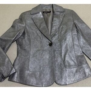 Vtg‎ Womens leather blazer jacket S Textured Steampunk Coat Gunmetal Western Y2K